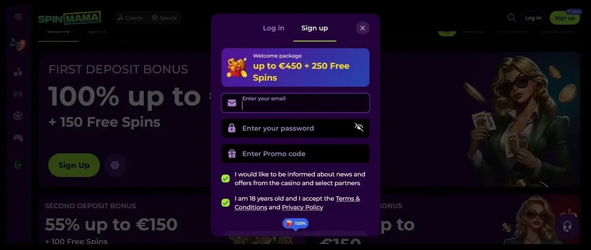 Registrazione e welcome package sul sito ufficiale di Spinmama Casino